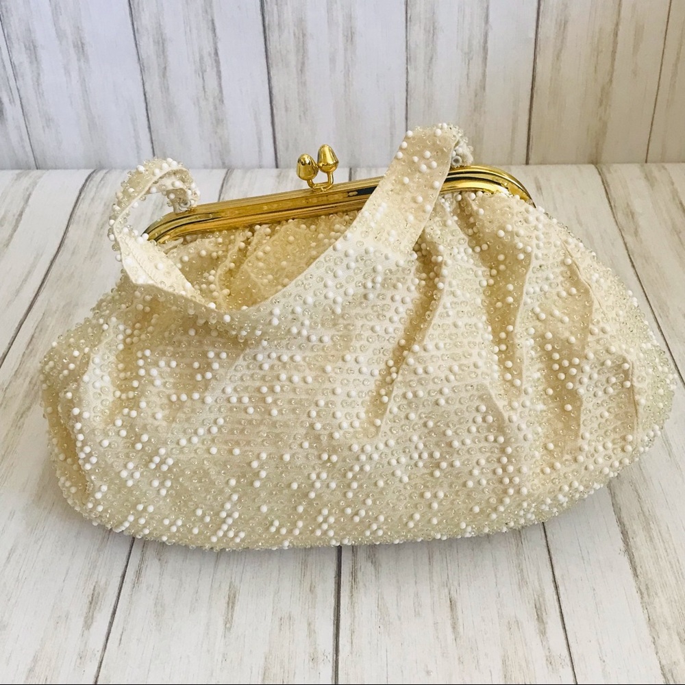 Vintage Cream Color Handbag with Clear & White Beading Gold Tone Hardware